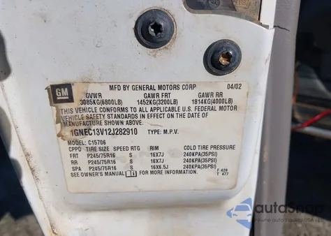 2002 Chevrolet Tahoe Ls z USA, uszkodzony, nr VIN 1GNEC13V12J282910